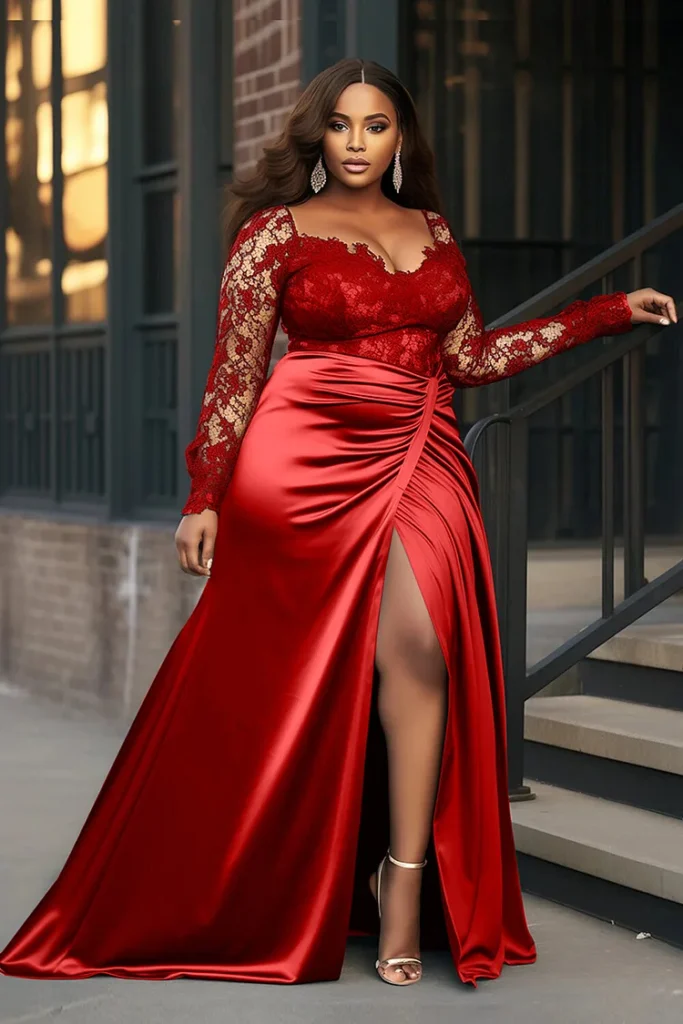 Elegant Plus Size Red Lace & Satin Maxi Dress