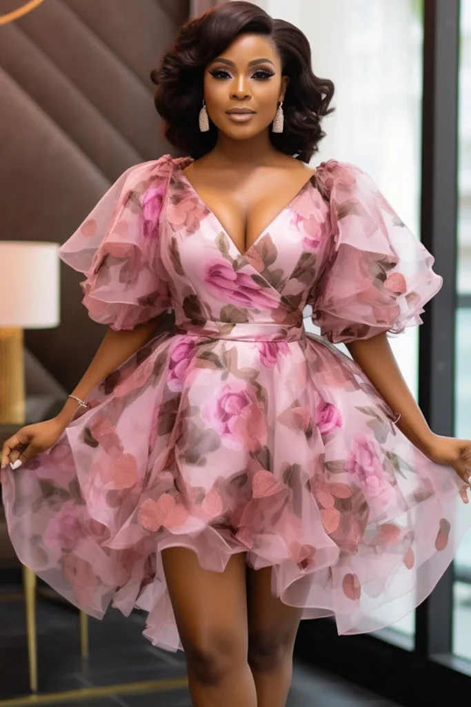 Flirty Plus Size Pink Floral Wrap Chiffon Mini Dress