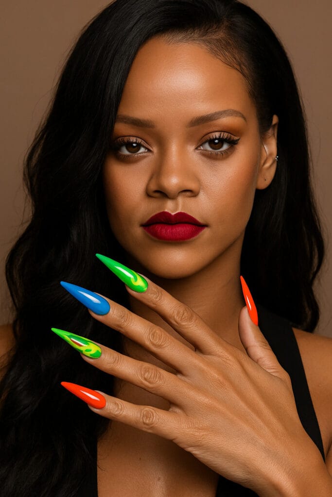 Rihanna's Long stiletto nails with bold colors