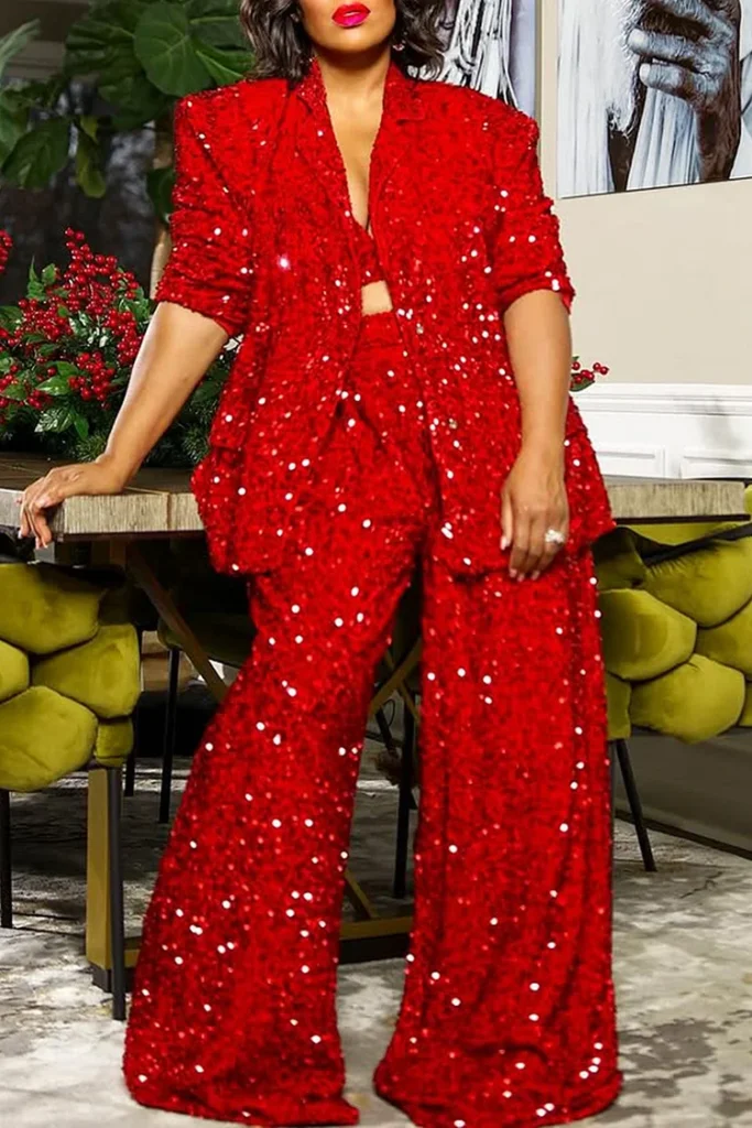 Sparkle Style Plus Size Red Sequin Pant Suit