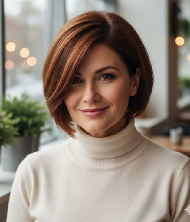 angled bob hairstyle on a woman over 50 with a round face