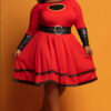 Plus Size Red Halloween Mini Dress – Round Neck Long Sleeve Ruffle Contrast Casual Style