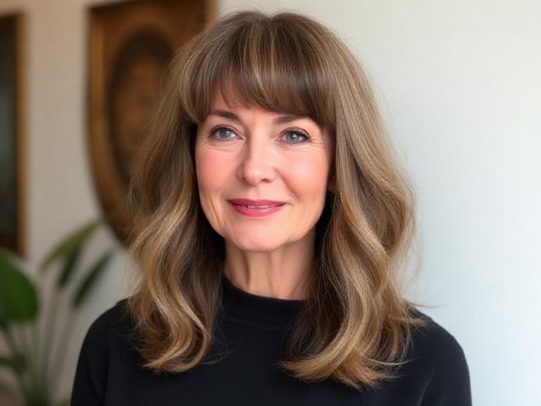 Mid-Length Hair with Curtain Bangs for women over 50