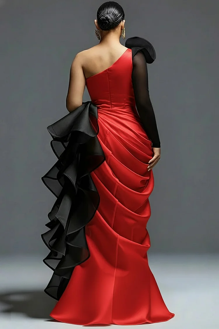 Plus Size Oblique Collar Plus Size Oblique Collar One Shoulder Ruffle Maxi Dress red color