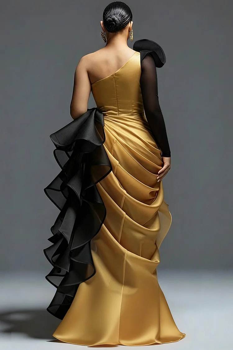 Plus Size Oblique Collar Plus Size Oblique Collar One Shoulder Ruffle Maxi Dress gold color