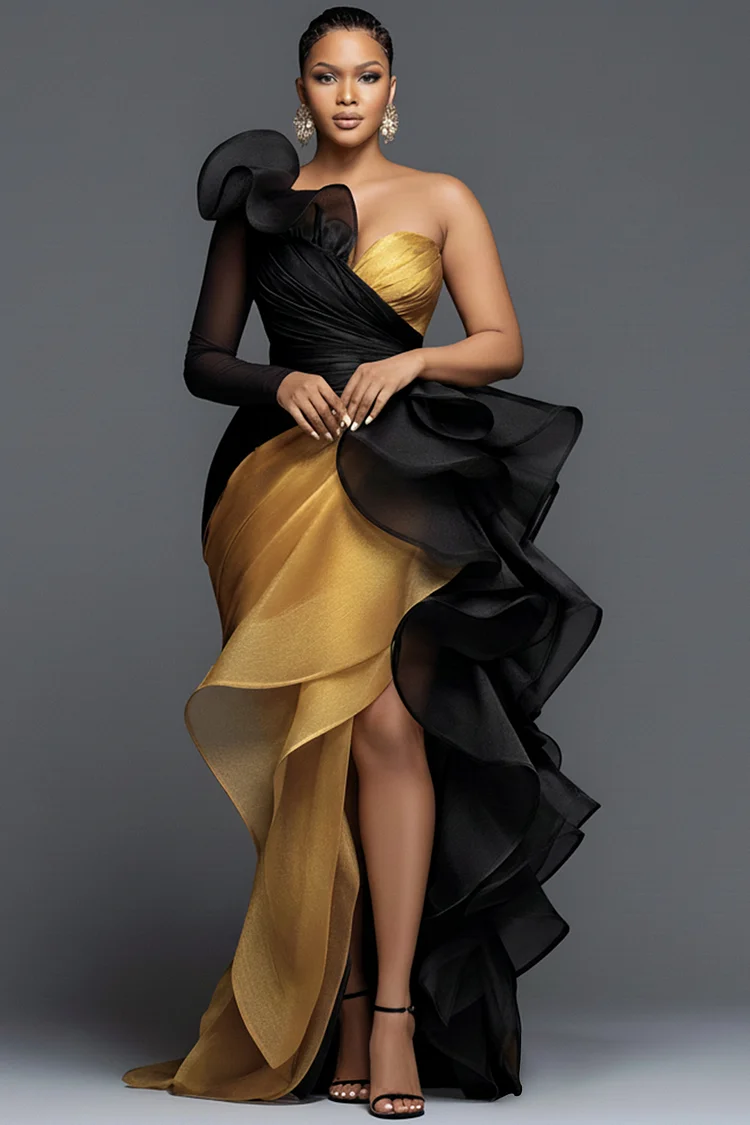 Plus Size Oblique Collar Plus Size Oblique Collar One Shoulder Ruffle Maxi Dress gold